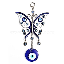 Glass Evil Eye Pendant Decorations, Alloy Butterfly Link for Home Bedroom Hanging Decorations, Flat Round, 230mm(PW23022302165)