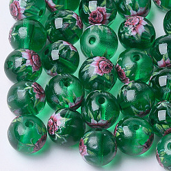 Printed & Spray Painted Transparent Glass Beads, Round with Flower Pattern, Green, 10~10.5x9.5mm, Hole: 1.6mm(X-GLAA-S047-04B-01)