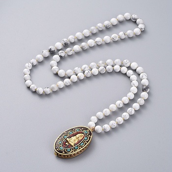 Buddhist Jewelry, Guan Yin Pendant Necklaces, with Handmade Oval Indonesia Goddess of Mercy Pendants, Glass Seed Beads, Natural Howlite Beads, Braided Nylon Thread and Copper Wire, 30.86 inch(78.4cm), Pendant: 55x30x9.6mm