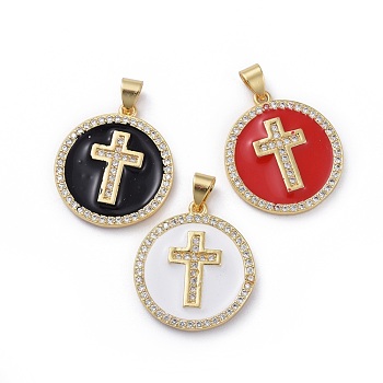 Brass Micro Pave Cubic Zirconia Pendants, with Enamel, Flat Round with Cross, Golden, Mixed Color, 22.5x20x2.5mm, Hole: 3.5x5mm