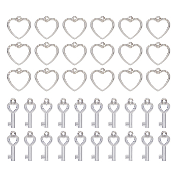 300Pcs 2 Style CCB Plastic Charms, Heart & Heart Key, Platinum, 20~22x9~20x2.5~3mm, Hole: 1.5mm, 150pcs/style