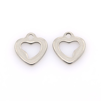 304 Stainless Steel Open Heart Charms, Hollow, Stainless Steel Color, 10x9x1mm, Hole: 1mm