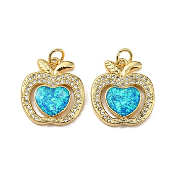 Brass Micro Pave Cubic Zirconia with Synthetic Opal Pendants, with Jump Ring, Real 18K Gold Plated, Apple, Apple, 19x16.5x3mm