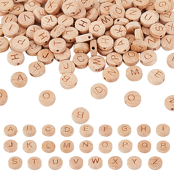 4 Sets Alphabet Undyed Wood Beads, Horizontal Hole, Flat Round with Laser Engraved Letter A~Z, Letter A~Z, 10x4mm, Hole: 1.6mm, 26pcs/set