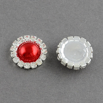 Garment Accessories Half Round ABS Plastic Imitation Pearl Cabochons, with Grade A Rhinestone and Brass Cabochon Settings, Silver Color Plated, Red, 14.5x4mm