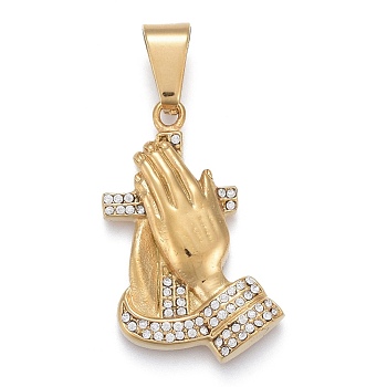 304 Stainless Steel Pendants, with Crystal Rhinestone, Praying Hands with Cross, Golden, 39.5x23.5x5.5mm, Hole: 6.5x11.5mm