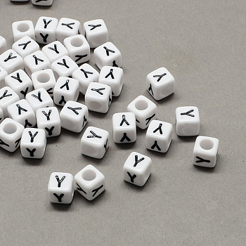 Large Hole Acrylic Letter European Beads, Horizontal Hole, White & Black, Cube with Letter.Y, 7~8x7~8x7~8mm, Hole: 4mm, about 1144pcs/500g