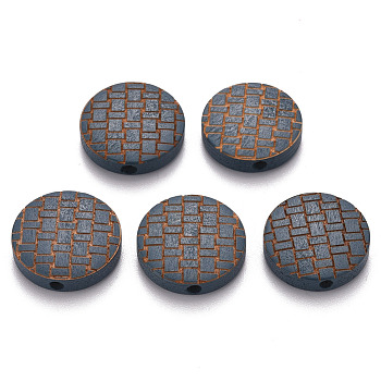 Painted Natural Wood Beads, Laser Engraved Pattern, Flat Round, Steel Blue, 15x5mm, Hole: 1.8mm