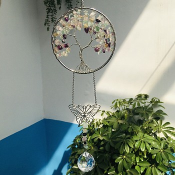 Glass Teardrop Pendant Decoration, Hanging Suncatchers, with Natural Fluorite Chip Tree of Life, for Window Home Garden Decoration, Butterfly, 370mm