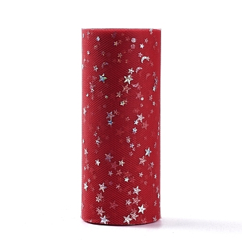 Glitter Sequin Deco Mesh Ribbons, Tulle Fabric, Tulle Roll Spool Fabric For Skirt Making, Moon & Star Pattern, Red, 6 inch(15cm), about 25yards/roll(22.86m/roll)