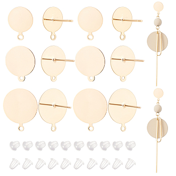 12Pcs 3 Size Brass Stud Earring Findings, with Horizontal Loops and 925 Sterling Silver Pins, Flat Round, Long-Lasting Plated, with 20Pcs Plastic Ear Nuts, Real 14K Gold Plated, 13.3~18.5x10~15x0.5mm, Hole: 1.2~1.4mm, Pin: 0.6~0.7mm, 4Pcs/size