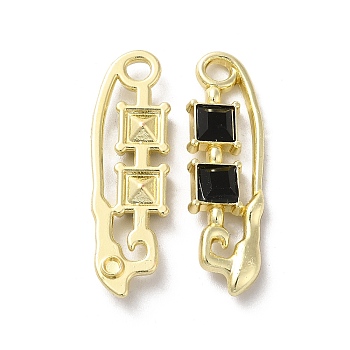 Alloy Pendant, with Glass, Light Gold, Lead Free & Cadmium Free, Safety Pin Charm, Black, 35x10.5x4mm, Hole: 3mm