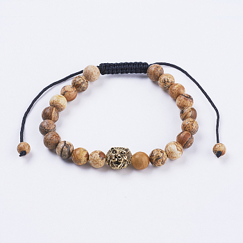 Adjustable Nylon Cord Braided Bead Bracelets, with Picture Jasper Beads & Alloy Findings, 2-1/4 inch(56mm)