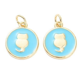 Brass Enamel Pendants, Long-Lasting Plated, Real 18K Gold Plated, Flat Round with Cat, Light Blue, 15.5x12.5x2mm, Hole: 3mm