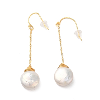 Sterling Silver Dangle  Earrings, with Natural Pearl, Jewely for Women, Teardrop, Real 18K Gold Plated, 56x12mm