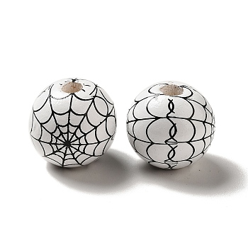 Halloween Printed Spider Webs Colored Wood European Beads, Large Hole Beads, Round, White, 16mm, Hole: 4mm