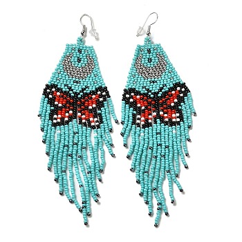 Bohemia Woven Glass Seed Bead Dangle Earrings, Tassel Chandelier Iron Earrings for Women, Butterfly, Turquoise, 133mm