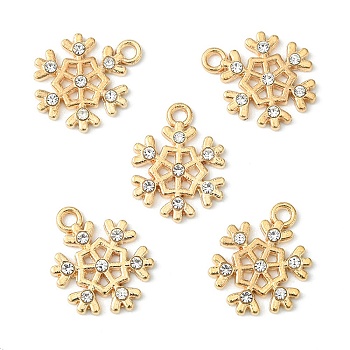 Alloy Pendants, with Crystal Rhinestone, for Christmas, Snowflake Charm, Light Gold, 18x14x2mm, Hole: 2mm