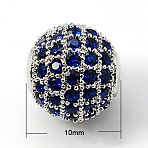 Brass Cubic Zirconia Beads, Round, Medium Blue, Platinum Metal Color, 10mm(X-ZIRC-D009-03P)