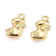 Christmas Theme Brass Micro Pave Clear Cubic Zirconia Charms, Christmas Sock, Real 18K Gold Plated, 10x8x3mm, Hole: 1mm(KK-T073-16G)