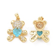 Real 18K Gold Plated Brass Micro Pave Clear Cubic Zirconia Pendants, Bear Charms, Cyan, 21x16x5mm, Hole: 4.5x2.5mm(KK-E068-VC419)