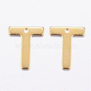 304 Stainless Steel Charms, Letter, Initial Charms, Real 18k Gold Plated, Letter.T, 11x6~12x0.8mm, Hole: 1mm(STAS-P141-T)