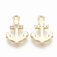 Brass Micro Pave Cubic Zirconia Charms, Anchor, Nickel Free, Real 18K Gold Plated, 14x9.5x1.5mm, Hole: 1mm(ZIRC-Q014-029G)