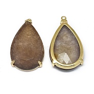 Natural Jade Pendants, with Brass Findings, Faceted, teardrop, Dyed, Golden, Camel, 31.5~32.5x18~18.5x5.5~6mm, Hole: 1.4mm(G-E526-08E)