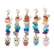 Owl Alloy Enamel Pendant Decorations, with Chakra Gemstone Chips and 304 Stainless Steel Lobster Claw Clasps, Mixed Color, 74mm(HJEW-JM01277)