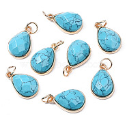 Synthetic Turquoise Pendants, with Light Gold Plated Brass Edge and Iron Loops, Teardrop, Faceted, 19x12x7.5mm, Junp Round: 6x1mm, Inner Diameter: 4mm(G-S359-364B)