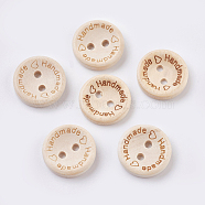 Wooden Buttons, 2-Hole, with Word, Flat Round with Word Handmade, Blanched Almond, 20x3~3.5mm, Hole: 2mm(BUTT-K007-11B)