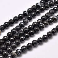 Natural Striped Agate/Banded Agate Bead Strands, Dyed & Heated, Round, Grade A, Black, 14mm, Hole: 1.2mm, about 28pcs/strand, 14.7 inch(37.3cm)(G-G962-14mm-12-A)