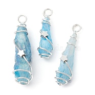 Electroplated Natural Quartz Crystal Dyed Copper Wire Wrapped Pendants, Teardrop Charms with Brass Star, Silver Color Plated, Light Sky Blue, 27~37x7~13x6.5~10.5mm, Hole: 3.5mm(PALLOY-JF02327-03)