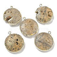 Electroplated Natural Druzy Agate Pendants, Brass Flat Round Charms, Silver Color, Tan, 29~30x24~26x7.5~9mm, Hole: 1.8mm(G-A229-01A)