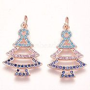 Brass Micro Pave Cubic Zirconia Pendants, Christmas Tree, Colorful, Rose Gold, 22x15x2mm, Hole: 3mm(ZIRC-F086-02RG)