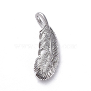Brass Pendants, Long-Lasting Plated, Feather, Real Platinum Plated, 19x7x2mm, Hole: 2x4mm(ZIRC-G160-35P)