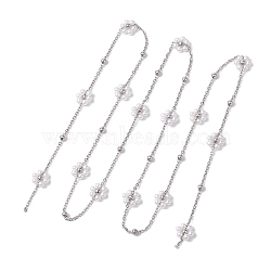 Flower Handmade Acrylic Imitation Pearl Beaded Link Chain, with 304 Stainless Steel Satellite Chains, Soldered, Stainless Steel Color, 11x4mm, about 3.18 Feet(0.97m)/pc(AJEW-JB01208-02)