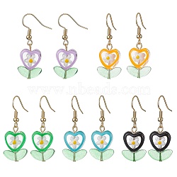 Glass Flower & Lampwork Leaf Dangle Earrings, Real 18K Gold Plated Brass Earrings, Mixed Color, 37x14mm(EJEW-JE05524)