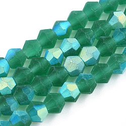 Imitate Austrian Crystal Bicone Frosted Glass Beads Strands, Grade AA, Faceted, Sea Green, 3.5x3mm, Hole: 0.8mm, 108~123pcs/strand, 12.76~14.61 inch(32.4~37.1cm)(GLAA-F029-TM3mm-A10)