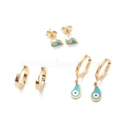 3 Pairs 3 Style Enamel Teardrop with Evil Eye Dangle Hoop Earrings, Ion Plating(IP) 304 Stainless Steel Stud Earrings for Women, Golden, 8~26mm, Pin: 1mm, 1 Pair/style(EJEW-B020-18G)