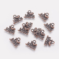 Tibetan Style Alloy Pendants, For Easter, Holy Charms(I Love Jesus), Cadmium Free & Nickel Free & Lead Free, Heart, Red Copper, 13x15x2mm, Hole: 3mm(PALLOY-2390-R-FF)