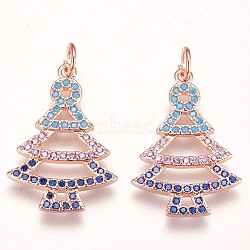 Brass Micro Pave Cubic Zirconia Pendants, Christmas Tree, Colorful, Rose Gold, 22x15x2mm, Hole: 3mm(ZIRC-F086-02RG)