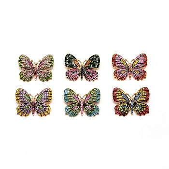 6Pcs 6 Color Exquisite Butterfly Alloy Rhinestone Brooches Set for Backpack Clothes, Golden, Mixed Color, 37x46.5x4.5mm, 1pc/color