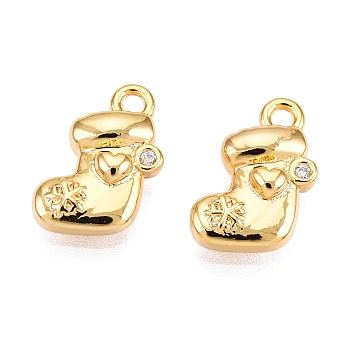 Christmas Theme Brass Micro Pave Clear Cubic Zirconia Charms, Christmas Sock, Real 18K Gold Plated, 10x8x3mm, Hole: 1mm