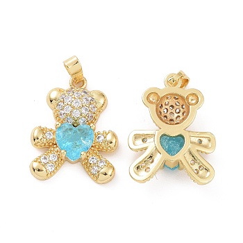 Real 18K Gold Plated Brass Micro Pave Clear Cubic Zirconia Pendants, Bear Charms, Cyan, 21x16x5mm, Hole: 4.5x2.5mm