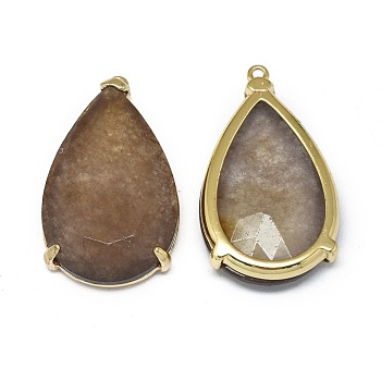 Natural Jade Pendants, with Brass Findings, Faceted, teardrop, Dyed, Golden, Camel, 31.5~32.5x18~18.5x5.5~6mm, Hole: 1.4mm