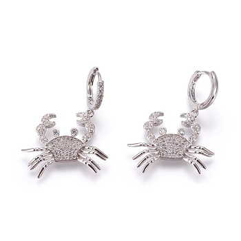 Brass Cubic Zirconia Hoop Earrings, Dangle Earrings, Crab, Clear, Platinum, 38mm, Pendant: 23.5x30x4mm, Pin: 1mm.