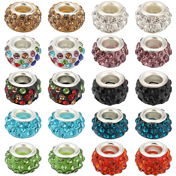 200Pcs 10 Colors Polymer Clay Rhinestone European Large Hole Beads with Silver Plated Brass Cores, Rondelle, Mixed Color, 11~12x7~7.5mm, Hole: 5mm, 20Pcs/color