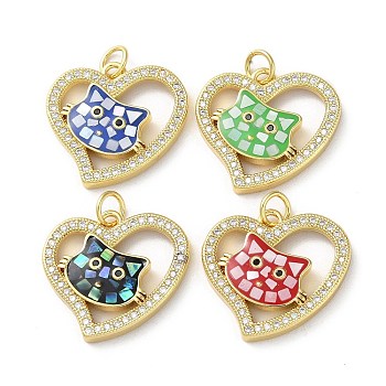 Valentine's Day Brass Micro Pave Clear Cubic Zirconia Pendants, with Enamel, Shell and Jump Ring, Real 18K Gold Plated, Heart with Cat, Mixed Color, 18.5x20x3mm, Hole: 3.6mm