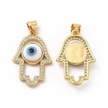 Rack Plating Brass Micro Pave Clear Cubic Zirconia Pendants, with Handmade Evil Eye Lampwork, Cadmium Free & Lead Free, Long-Lasting Real 18K Gold Plated, Hamsa Hand Charm, White, 25.5x17x4mm, Hole: 5.5x3.5mm